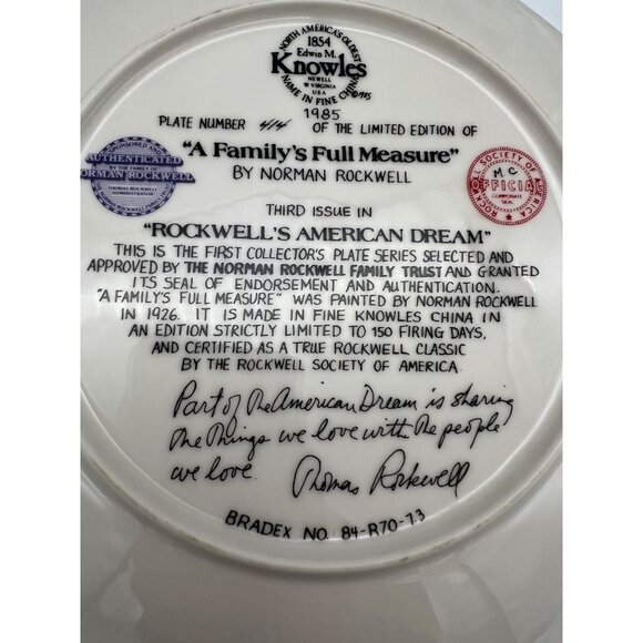 1985 Knowles Norman Rockwell Plate Family's Full Measure 8.5" Bradex 84-R70-7.3 - Picture 4 of 6